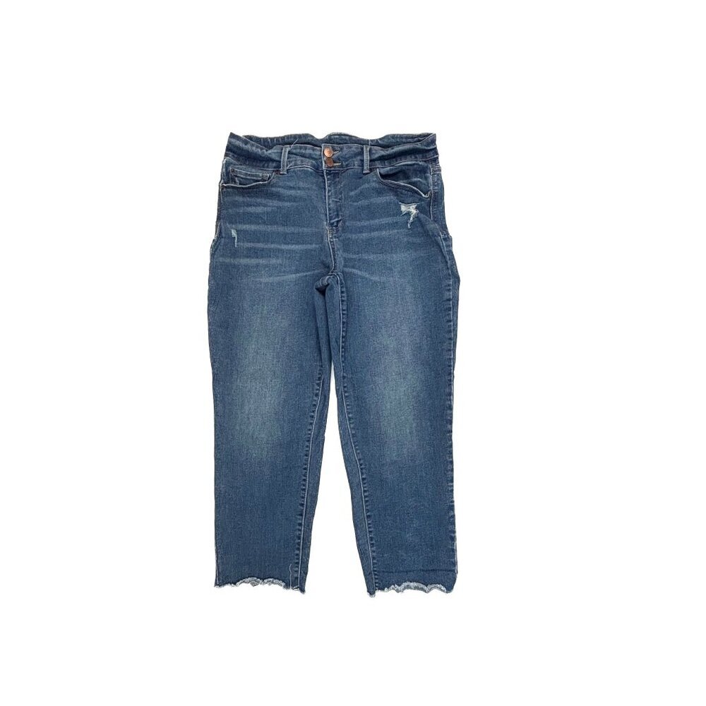 Time and Tru Crop Raw Hem Distressed Women's size 14 Medium Blue Denim Jeans‎
